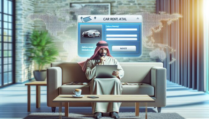 Person booking car rental online from a cosy living room, with a laptop, latte, and world map.