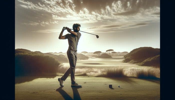 Golfer executing a swing on a South African course during mid-morning with optimal lighting and a plain background.