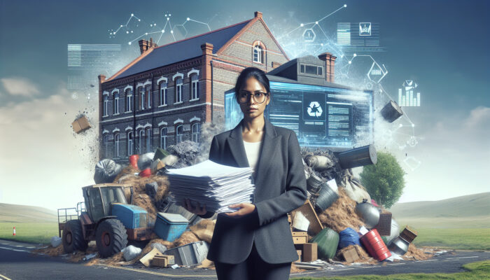 Individual holding council permits in front of a home filled with bulky items and hazardous waste, with a UK town hall backdrop.
