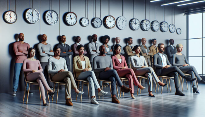 Diverse group of individuals waiting in an office with permit applications, with clocks indicating different times.