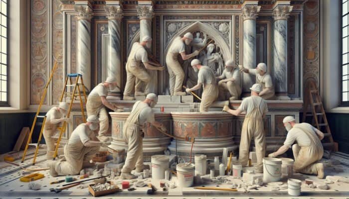 Workers applying traditional techniques to restore a historic UK building, ensuring its authenticity and historical context is preserved.