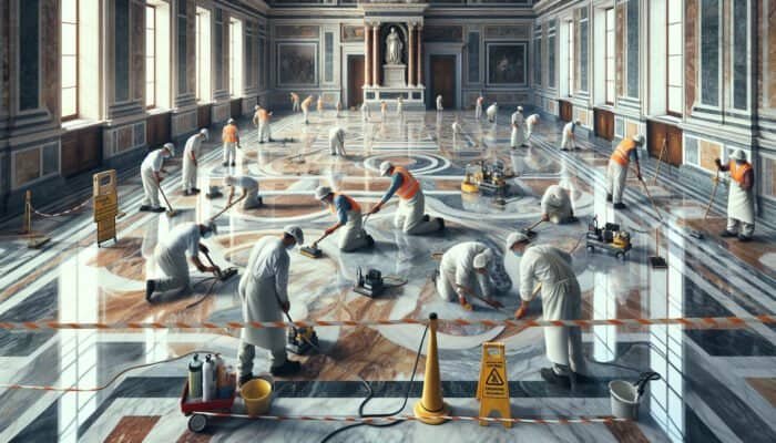 Detailed cleaning and honing of historic marble floors at Buckingham Palace, merging traditional and contemporary techniques.