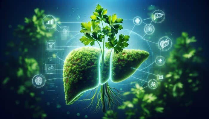 A glowing green parsley plant, symbolising liver function enhancement and detoxification.