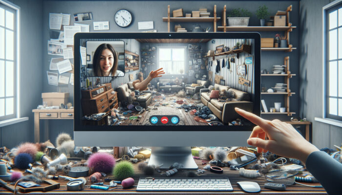 A digital platform displaying a virtual home tour with a homeowner on a video call, guiding through a cluttered room.