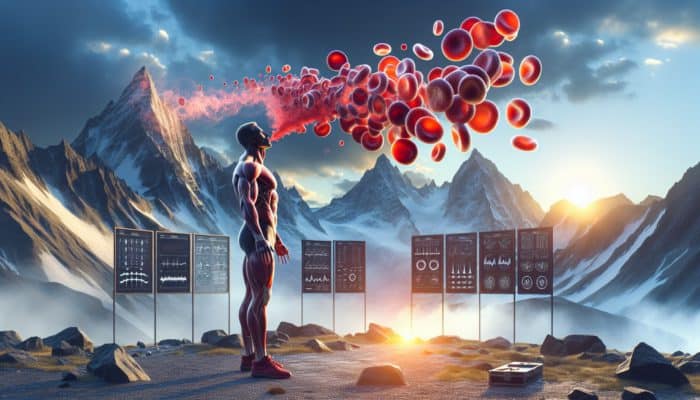 Athlete at high altitude, taking deep breaths, with iron-enriched red blood cells, at sunrise.