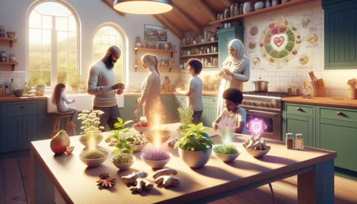 A family in a UK kitchen selecting herbs like chamomile, peppermint, ginger, and garlic for their health benefits.