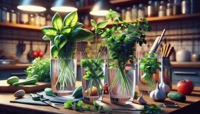 Glasses of water with fresh herbs like basil, cilantro, and parsley, with trimmed stems, in a kitchen setting in the UK.