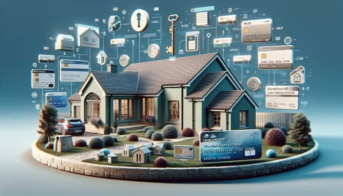 A modern UK home with a key symbolising equity, surrounded by debt icons merging into a single, lower-interest loan document.