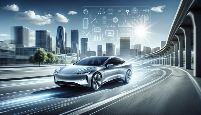 A sleek hybrid car on an urban street, seamlessly switching between electric and combustion power, beneath a clear sky.