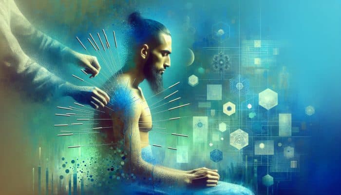 A serene person receiving acupuncture, surrounded by calming colors, symbolising recovery from burnout.