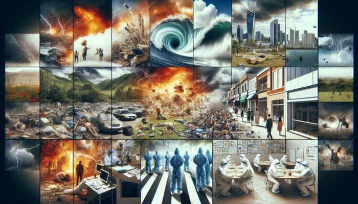 Collage showcasing earthquakes, hurricanes, economic collapse, pandemics, and civil unrest as examples of SHTF scenarios.