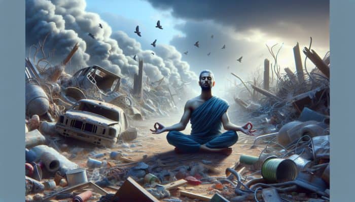 A calm individual meditating in a chaotic, post-apocalyptic environment, utilising deep breathing to attain mental stability.