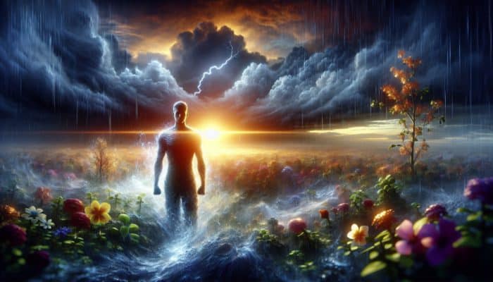 A person standing resiliently in a storm, surrounded by symbols of growth, embodying optimism and adaptability.