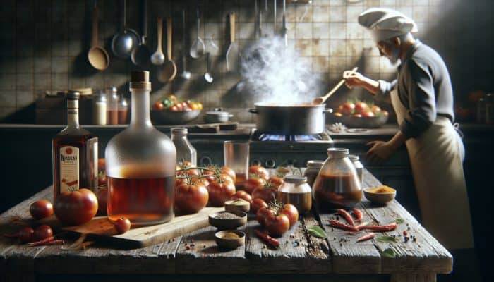 A chef stirring a pot of dark BBQ sauce infused with bourbon, tomatoes, and spices on a rustic kitchen table.