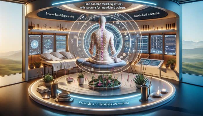 A tranquil scene of a patient receiving acupuncture therapy while biofeedback devices display their health data.