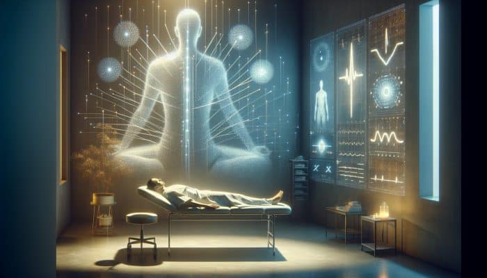 A peaceful setting where a patient receives acupuncture while biofeedback monitors provide insights, enhancing the treatment process.