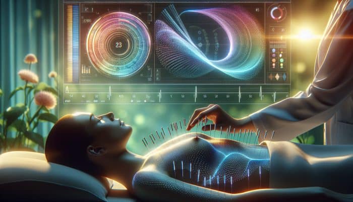 A tranquil medical environment where acupuncture and biofeedback collaborate to enhance the treatment experience, with a patient relaxing as stress decreases.
