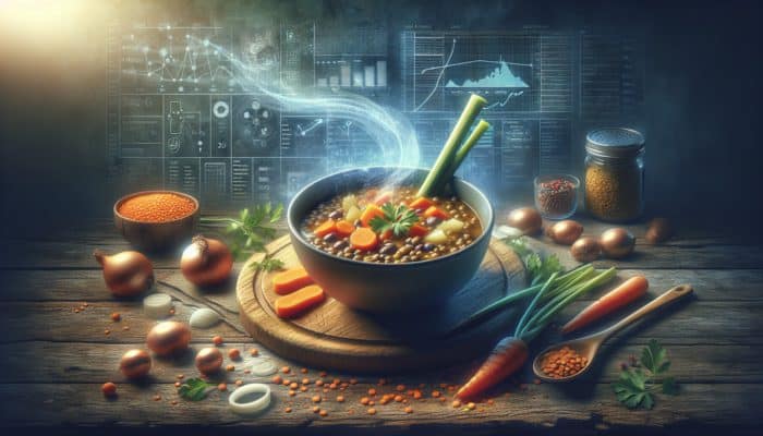 A steaming bowl of hearty lentil soup with carrots, onions, and celery on a rustic wooden table.