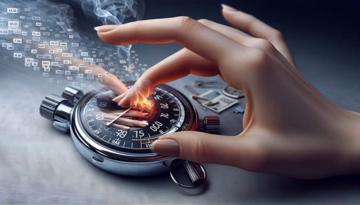 A hand adjusting the digital timer settings, stopwatch indicating 10 minutes, with a grilling scene featuring smoke and meat in the background.