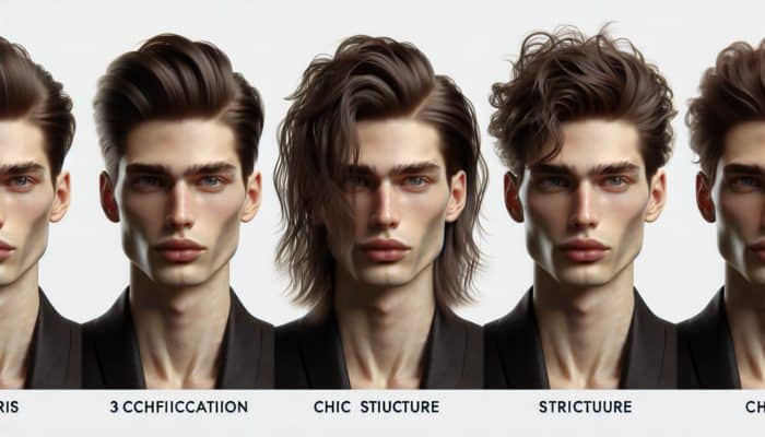 Person with wet hair in three styles: slicked-back, side part, and tousled, showcasing sophistication, chic structure, and a beachy vibe.