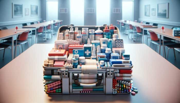 A well-organised first aid kit with bandages, antiseptics, pain relievers, and medications on a table, ready for emergencies.