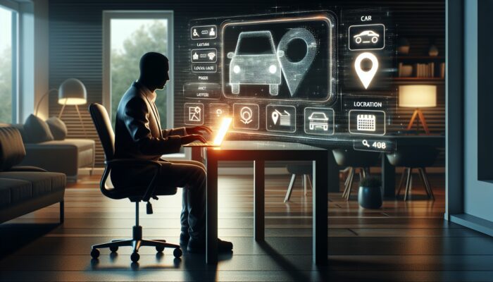 Individual using a laptop to search for car rentals online from a modern home office.