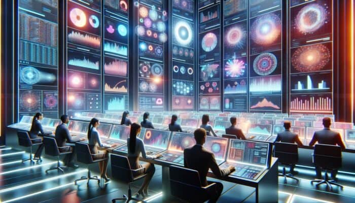 Futuristic control room with screens showing video ads, experts analysing data, and holographic optimization charts.