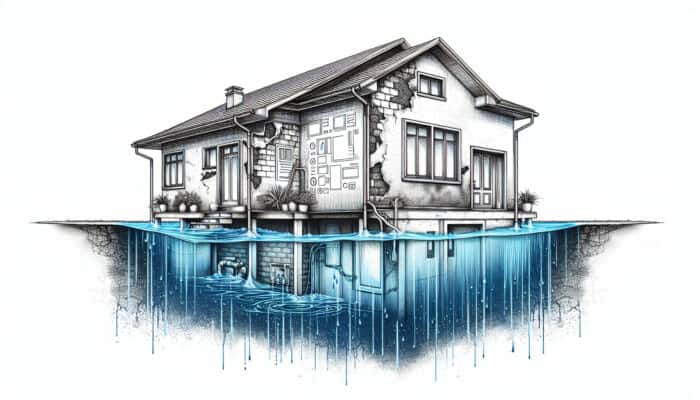 Illustration of a home showing water damage signs like damp walls, flooded basement, and pooling water around the foundation, indicating the need for drainage services.