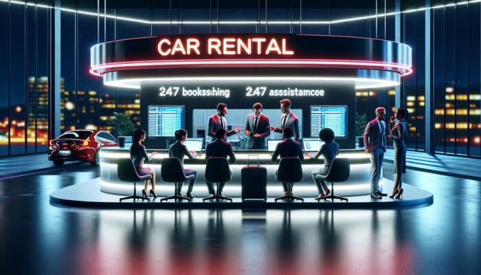 Modern car rental office at night with neon signs, experts discussing online bookings, 24/7 assistance desk illuminated.