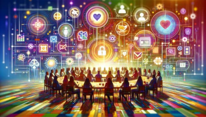 A vibrant community gathering in a colourful, interactive space, fostering deep connections and loyalty.