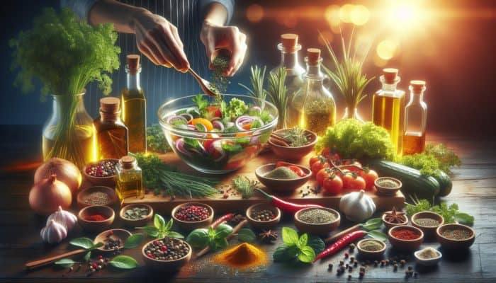 Fresh herbs, spices, and oils mixed into a vibrant marinade in a glass bowl on a kitchen counter.