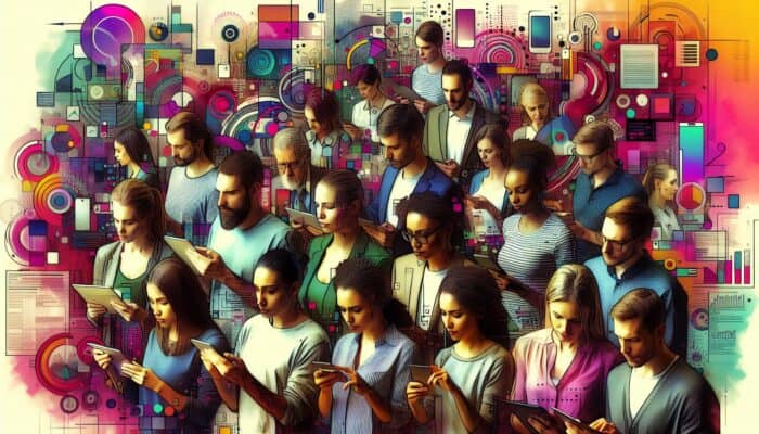 Diverse group using Canva on devices to create vibrant designs with various templates and elements.