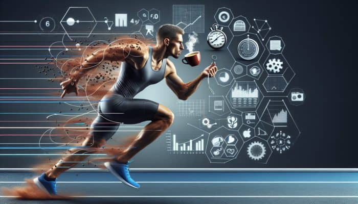 Athlete running on track with stopwatch and coffee, illustrating caffeine timing for performance enhancement.