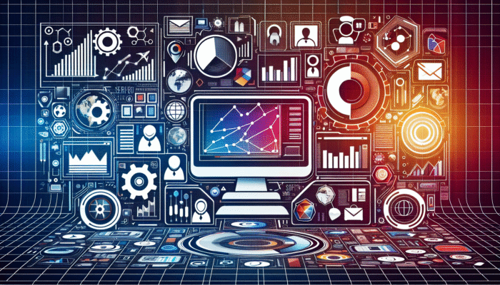 A modern digital workspace showing SEO analytics, keywords, and multimedia icons, organised with headers and bullet points.