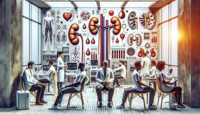 Diverse group receiving kidney blood tests in clinic, focusing on health awareness and prevention.