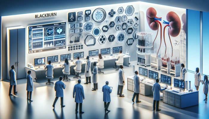 Modern Blackburn lab with advanced technology for precise, less invasive kidney blood tests, focusing on biomarker research.