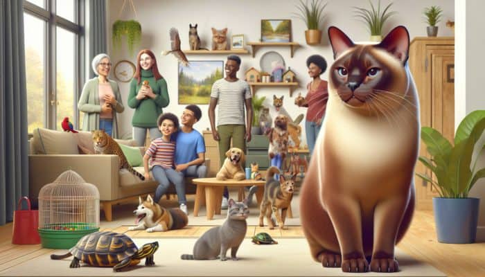 Burmese Cat Socialization Tips: A confident Burmese cat interacting with diverse people and animals in a home-like setting.