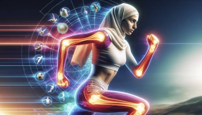 Collagen in Active Lifestyles: Illustration of a runner with glowing joints, highlighting collagen's role in flexibility and reduced inflammation during activities.
