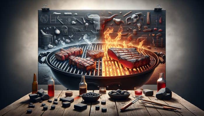 How to Light a Charcoal Grill Easily: Comparison of briquettes and lump charcoal on a rustic table, with steaks searing and ribs slow-cooking.