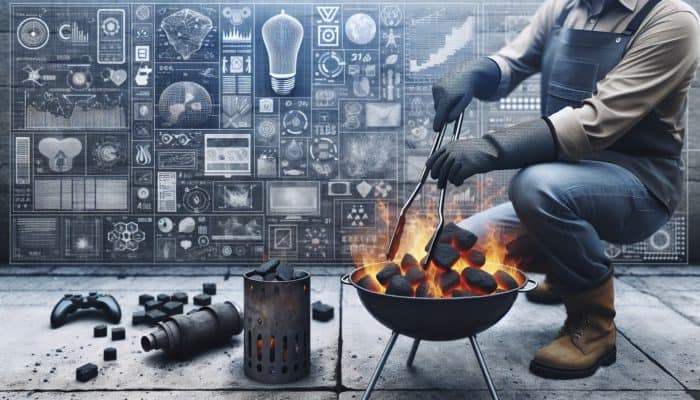 Person using chimney starter on concrete, wearing gloves, pouring coals into grill with tongs outdoors.