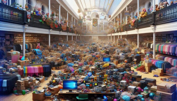 Efficient Transport Tips for Clearance Items: A vibrant UK store clearance sale with seasonal decorations, electronics, clothing, and discounted home goods and toys.