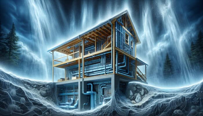 Crawl Space Drainage Services in West End Vancouver: Cross-section of a home's crawl space in West End, Vancouver, with efficient drainage system and moisture control during heavy rainfall.