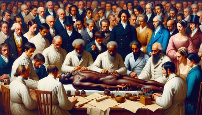 18th-century UK citizens and professionals gather around an acupuncture session, symbolizing its mainstream acceptance.