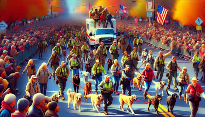 A vibrant holiday parade with volunteers managing animals and crowd, ensuring safety and enjoyment for all.