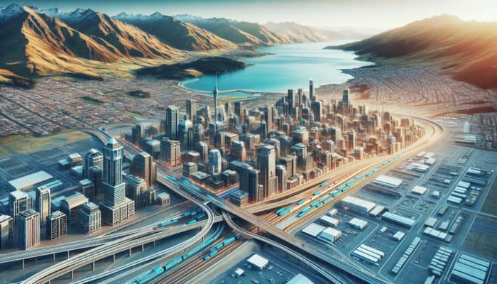 Aerial view of Queenstown featuring new infrastructure and upscale properties amidst mountains and tourist areas.