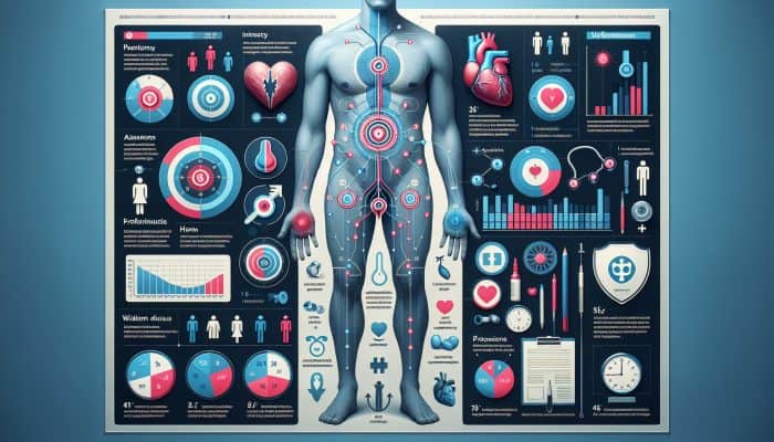 Infographic on men's health with anatomy diagrams, intimacy charts, and expert quotes on a clinical background.
