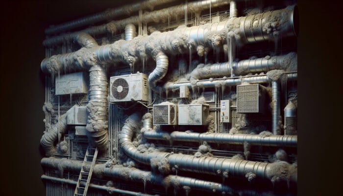 Close-up of HVAC ducts showing signs of mould, dust, and rodent infestations in a dimly lit room.