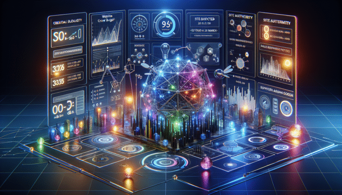 A futuristic SEO dashboard showing crawl budget metrics with graphs on site authority, page load speed, and server response time.