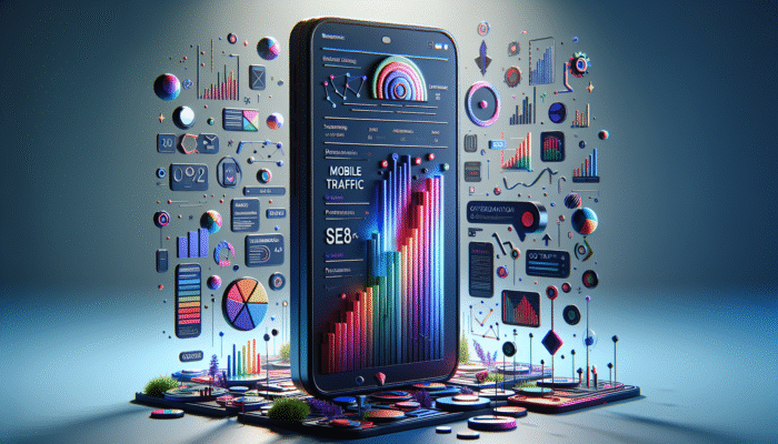 A smartphone showing an optimised website with title tags, against graphs of mobile traffic and SEO performance.