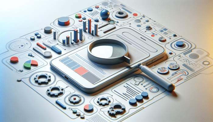 Smartphone showing search results with optimised title tags, magnifying glasses, and graphs for mobile search optimisation.